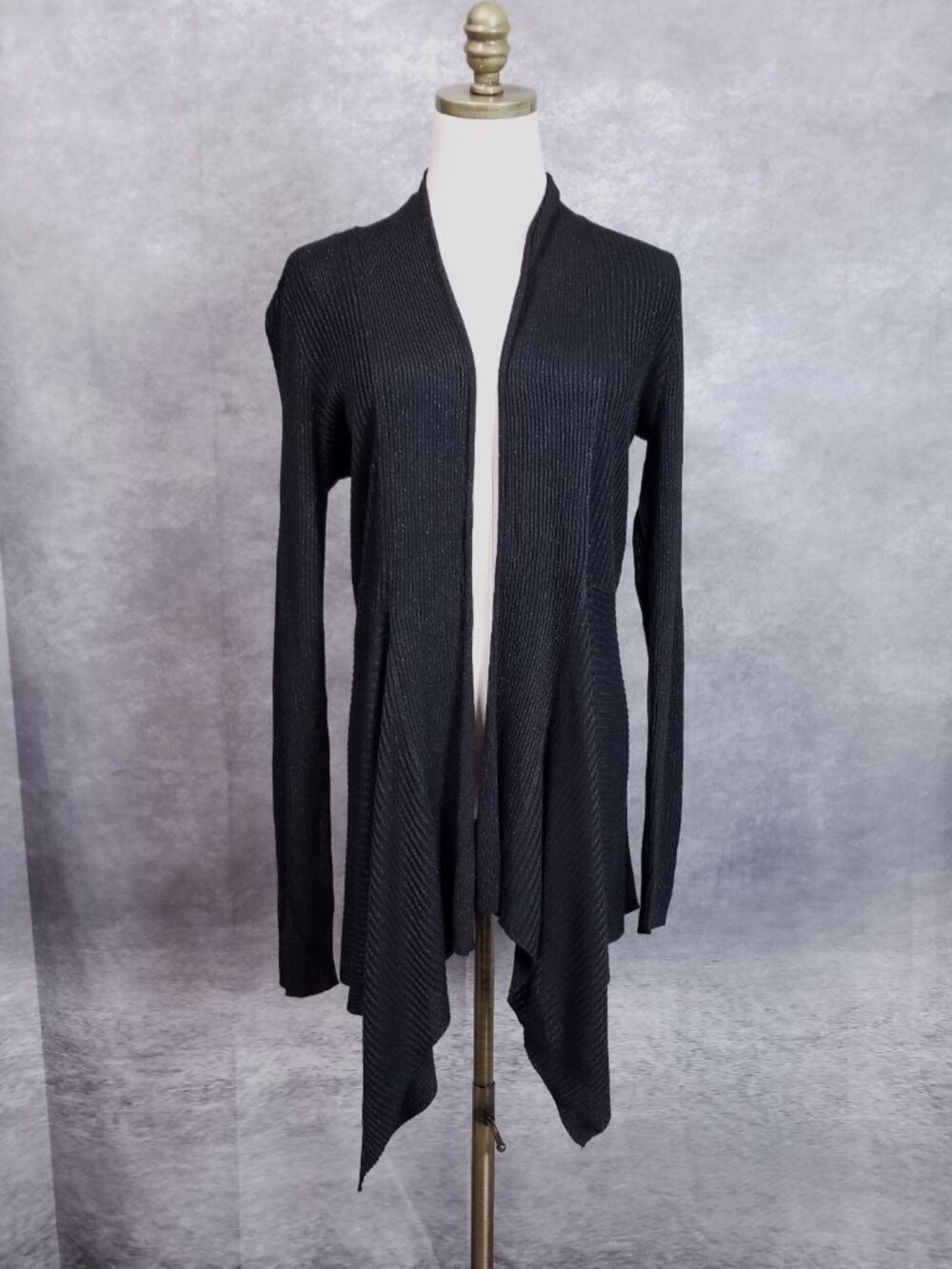 NWT Belldini Metallic Open Front Asymmetrical Cardigan Silver Black Sparkle 1X